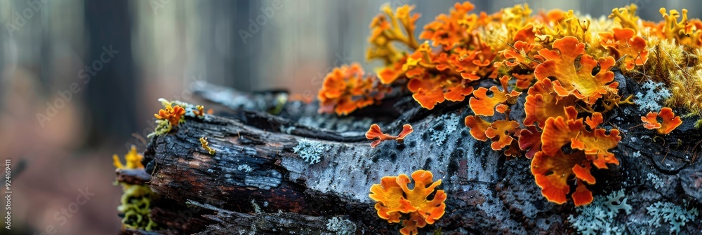 Poster colorful lichen on a decayed tree in a forest in early spring with shallow depth of field