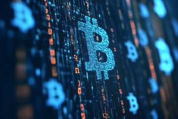 Bitcoin coins. Gold Bitcoin with Candle stick graph chart and digital background.