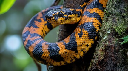Fototapeta premium A black and yellow snake with its head tilted up and wrapped around a mossy tree trunk in a rainforest.