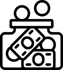 Line drawing of a money jar being filled with banknotes and coins, symbolizing saving and financial growth