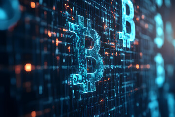 Bitcoin coins. Gold Bitcoin with Candle stick graph chart and digital background.