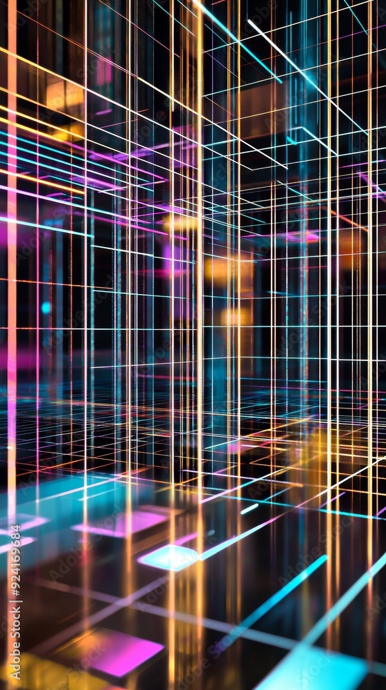Poster 3d rendering of a futuristic cyberspace with glowing lines and a shallow depth of field, perfect for