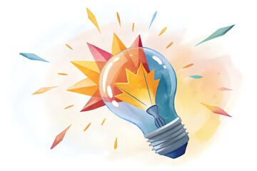 A light bulb with its filament sparking an explosion of vibrant colors and abstract shapes, like a burst of creative energy. 