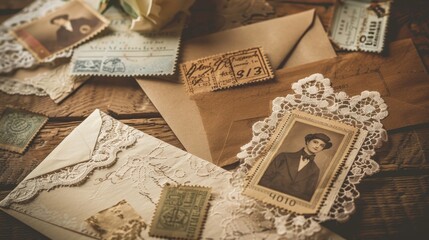 An assortment of vintage envelopes, stamps, and a nostalgic picture arranged on a wooden surface