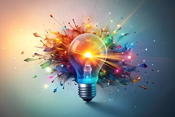 A light bulb with its filament sparking an explosion of vibrant colors and abstract shapes, like a burst of creative energy. 