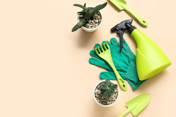 Succulents and gardening tools on beige background. Top view