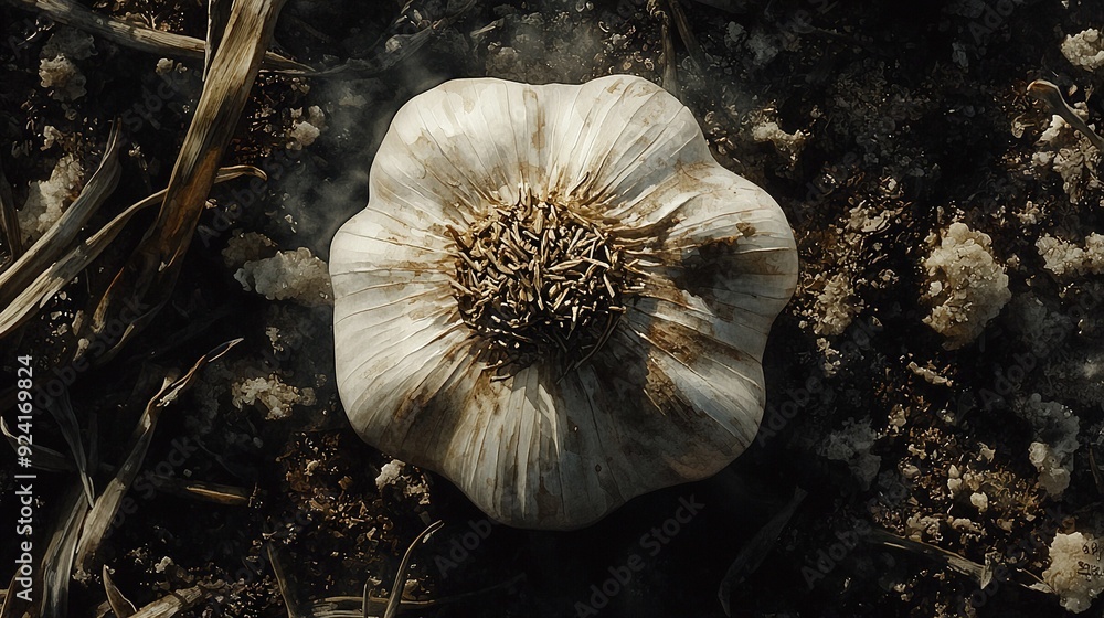 Poster a macro shot of a mushroom resting atop soil with surrounding blades of grass