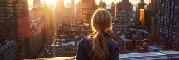 Blonde woman basking in sunlight on a rooftop, overlooking a dynamic cityscape, blending urban