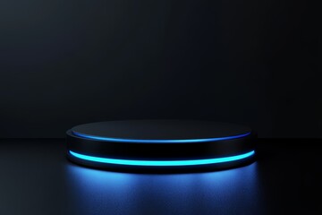 Empty podium stage in a dark black room with blue neon light. Round dais or platform. Perfect for product presentation.