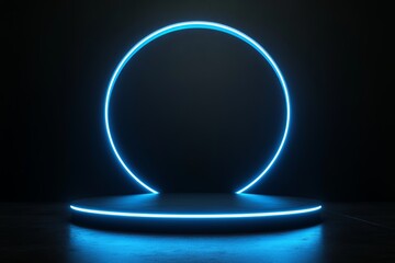 Empty podium stage in a dark black room with blue neon light. Round dais or platform. Perfect for product presentation and advertisement purposes.