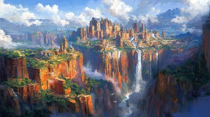  A cityscape painting featuring a waterfall in the foreground, mid-ground, and background