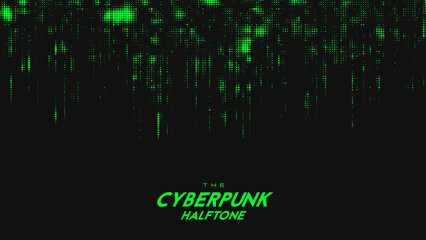 Abstract vector green cyberpunk halftone sound wave. Scrathed dotted texture element.