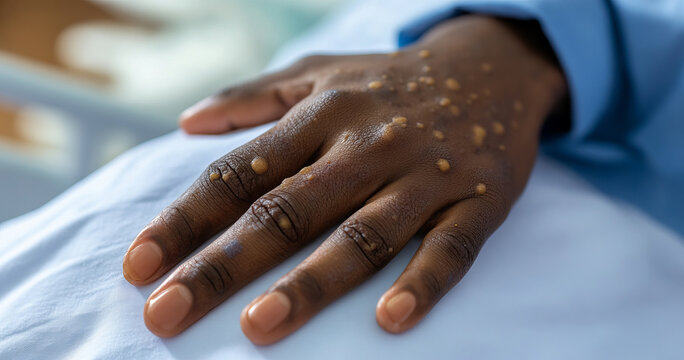 Close up of a black persons hand showing symptoms of monkeypox disease. Generative ai image