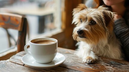 Marketing Professional Enjoys Coffee with Their Pet Before Starting Market Analysis Work, Highlighting the Blend of Relaxation and Productivity
