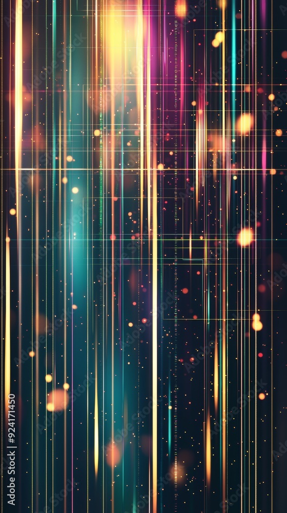 Poster abstract background with vertical glowing lines and bokeh effect, creating a sense of movement and e
