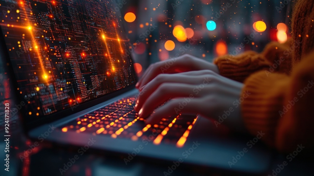 Poster hands typing on laptop with glowing red lines of code
