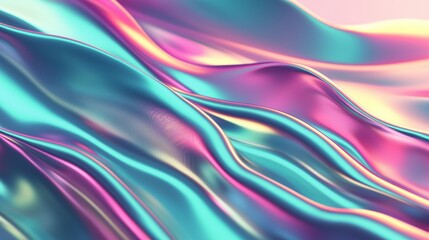Flowing, rippling holographic foil background with vibrant pastel rainbow colors creating a mesmerizing and surreal abstract composition