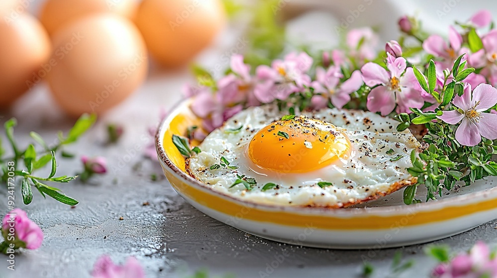Poster   A plate with a fried egg and flowers in a bowl next to eggs on a table with eggs in the background