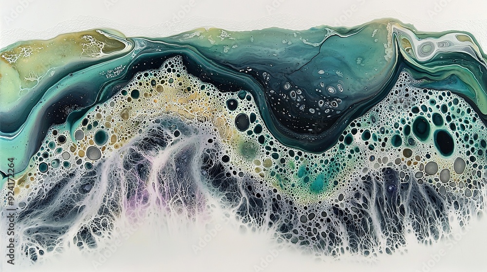Poster a close-up of a painting with numerous bubbles, particularly at the bottom of the image