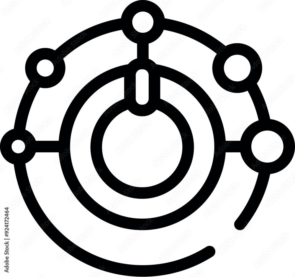 Poster black and white icon representing a global network connecting points with lines forming concentric c