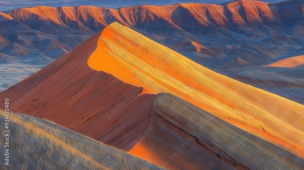 Poster a mountain range with sand dunes in the foreground and a mountain range in the background, both with
