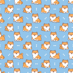 Cute shiba inu dog cartoon seamless pattern, vector illustration