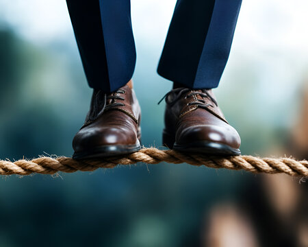 Close-up of a person in formal shoes walking on a tightrope, symbolizing balance and risk in business or life.