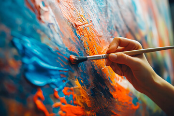 A hand holding a paintbrush, adding a finishing touch to a colorful painting.