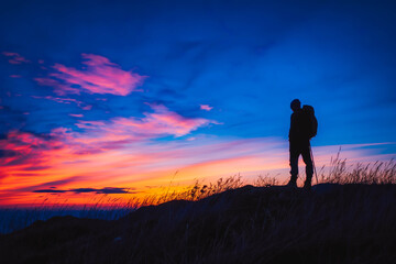 Obraz premium A lone hiker stands silhouetted against a vibrant sunset, admiring the beauty of nature after a long trek.