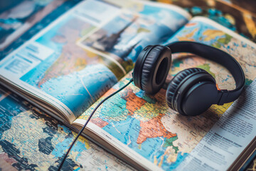 A pair of headphones resting on a travel guide filled with interesting landmarks.
