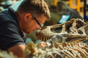 A paleontologist carefully assembles a dinosaur skeleton from a pile of fossilized bones, bringing a prehistoric creature back to life for study.