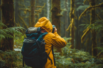 Fototapeta premium A photographer with a camera slung across their shoulder hikes through a forest, their eyes scanning the landscape for the perfect shot to capture the beauty of nature.