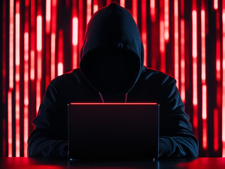 A hooded figure using a laptop in a dark, red-lit environment, symbolizing cybercrime, data security, and hacking activities.