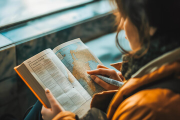 A student with a plane ticket clutched in their hand flips through a book, their eyes filled with excitement as they plan their upcoming adventure to a new country.