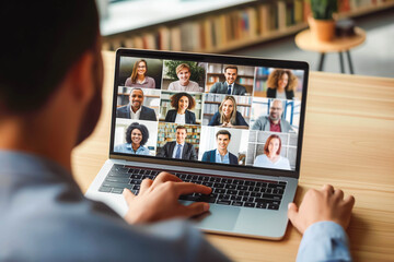 A young adult sits at a desk with a laptop displaying a video call with diverse people from around the world, their faces filled with laughter as they share stories and experiences.