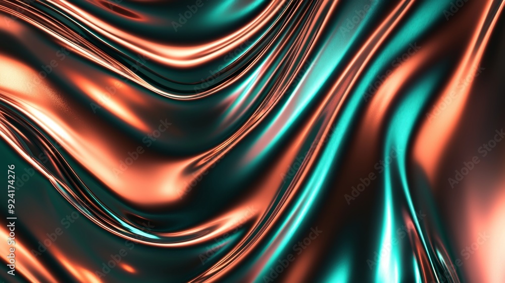 Poster flowing waves of metallic fabric in warm and cold tones, with a shiny texture and vibrant gradient f