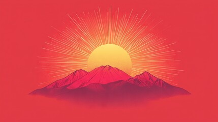 Fototapeta premium Sun on Red Mountain with Yellow Sky