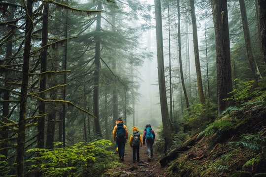 Adventurous Family with kids Hiking in Dense Forest