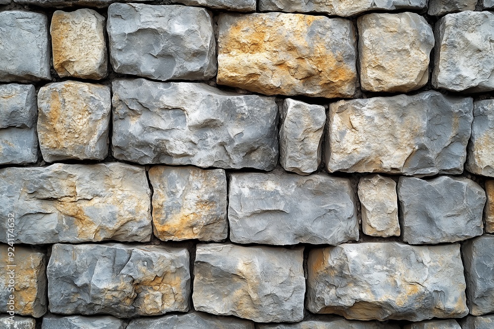 Poster textured stone wall composed of variously shaped gray and tan stones arranged in a rustic pattern