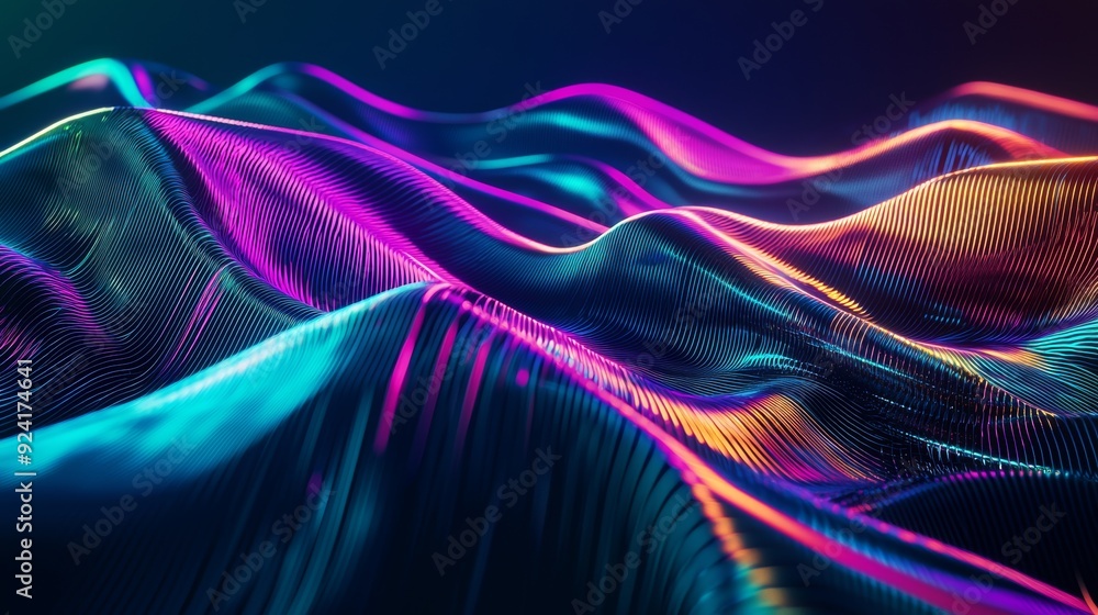 Poster abstract metallic waves flowing and glowing in the dark. this futuristic and modern background is pe