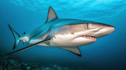 Naklejka premium A grey shark jaws ready to attack underwater close up portrait 