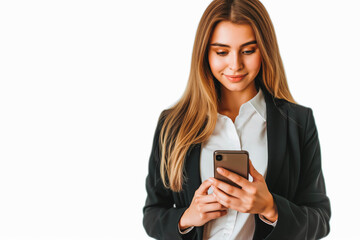 Fototapeta premium Businesswoman using a smartphone with a white background.