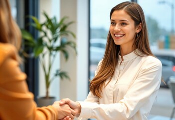 Friendly handshake during an interview at a modern car dealership.