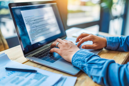 CV, application submission. Man working on laptop and sending curriculum vitae. Male forefinger pressing enter button. Resume uploading concept. High quality photo