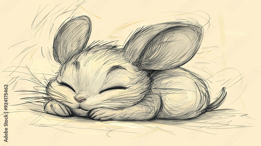 Sticker   Bunny sleeping on ground, head resting on paws, eyes closed