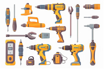 Fototapeta premium Equipment for drilling and work repair. Construct industrial hand with instrument. Electric worker with power screwdriver. Device and metal object for male. House and home, transparent background