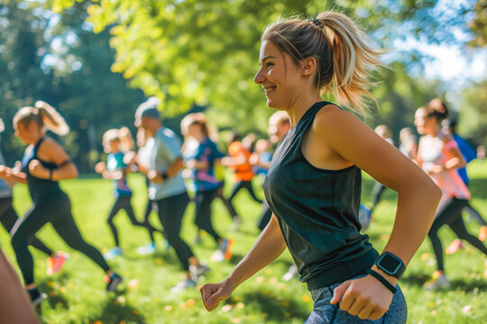 Fitness Trainer Leading Outdoor Bootcamp in City Park