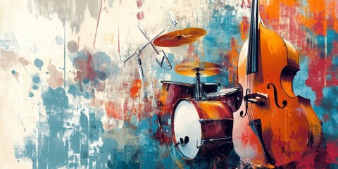 Abstract jazz band painting featuring drums and a double bass with vibrant splashes of color.