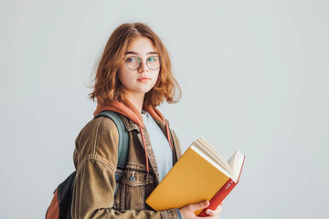 Obraz premium Teenager holding books on white studio background.
