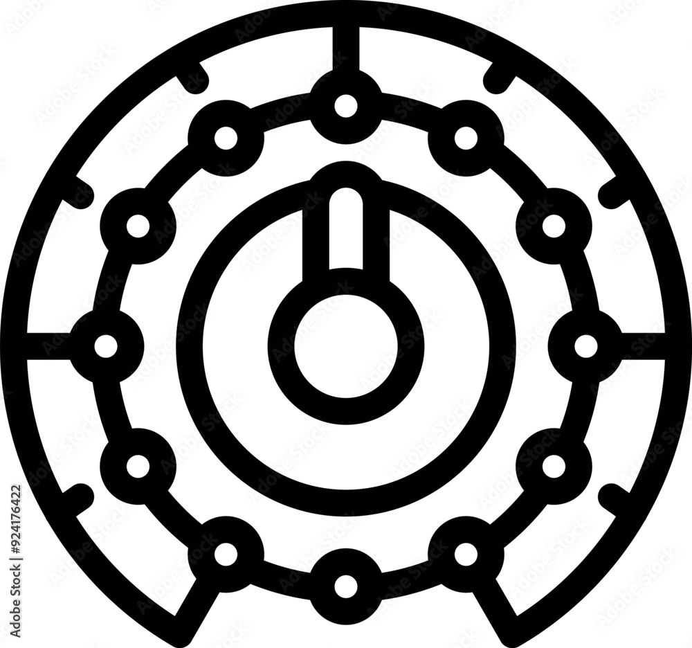 Poster simple icon of a circular electronic device with its power button surrounded by lights, possibly ind